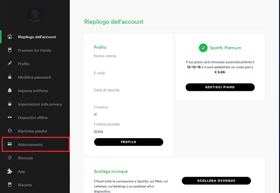 Come disattivare Spotify Premium