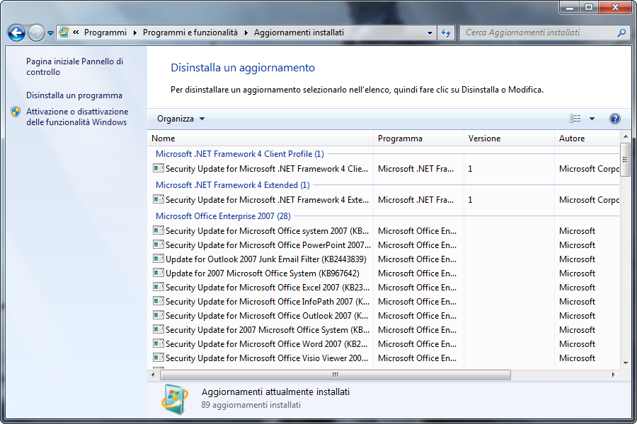 disinstallare aggiornamenti Windows 7